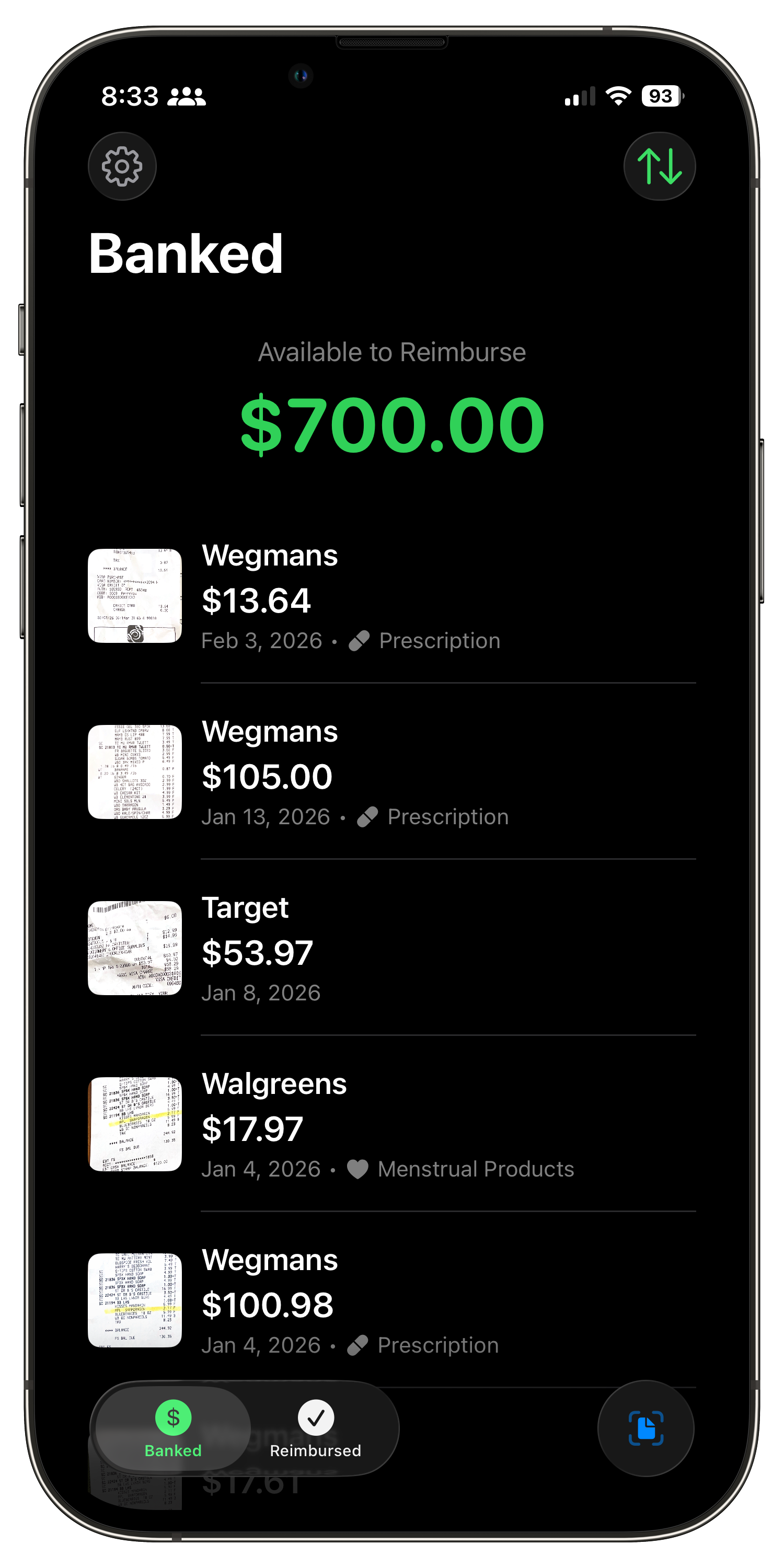 Banked receipts showing $700 available to reimburse