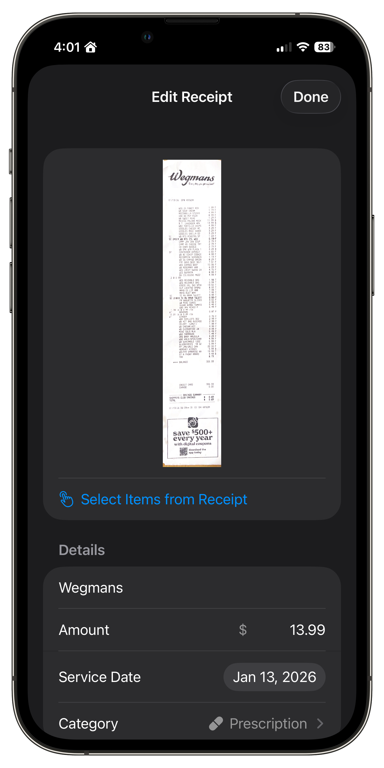 Receipt detail view showing scanned Wegmans receipt