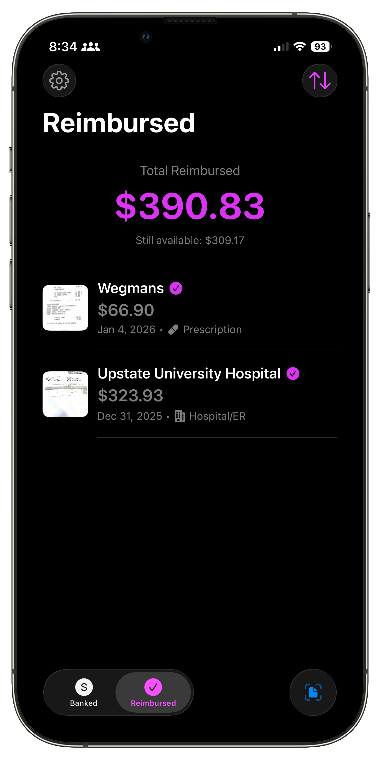 Reimbursed receipts showing $390.83 total